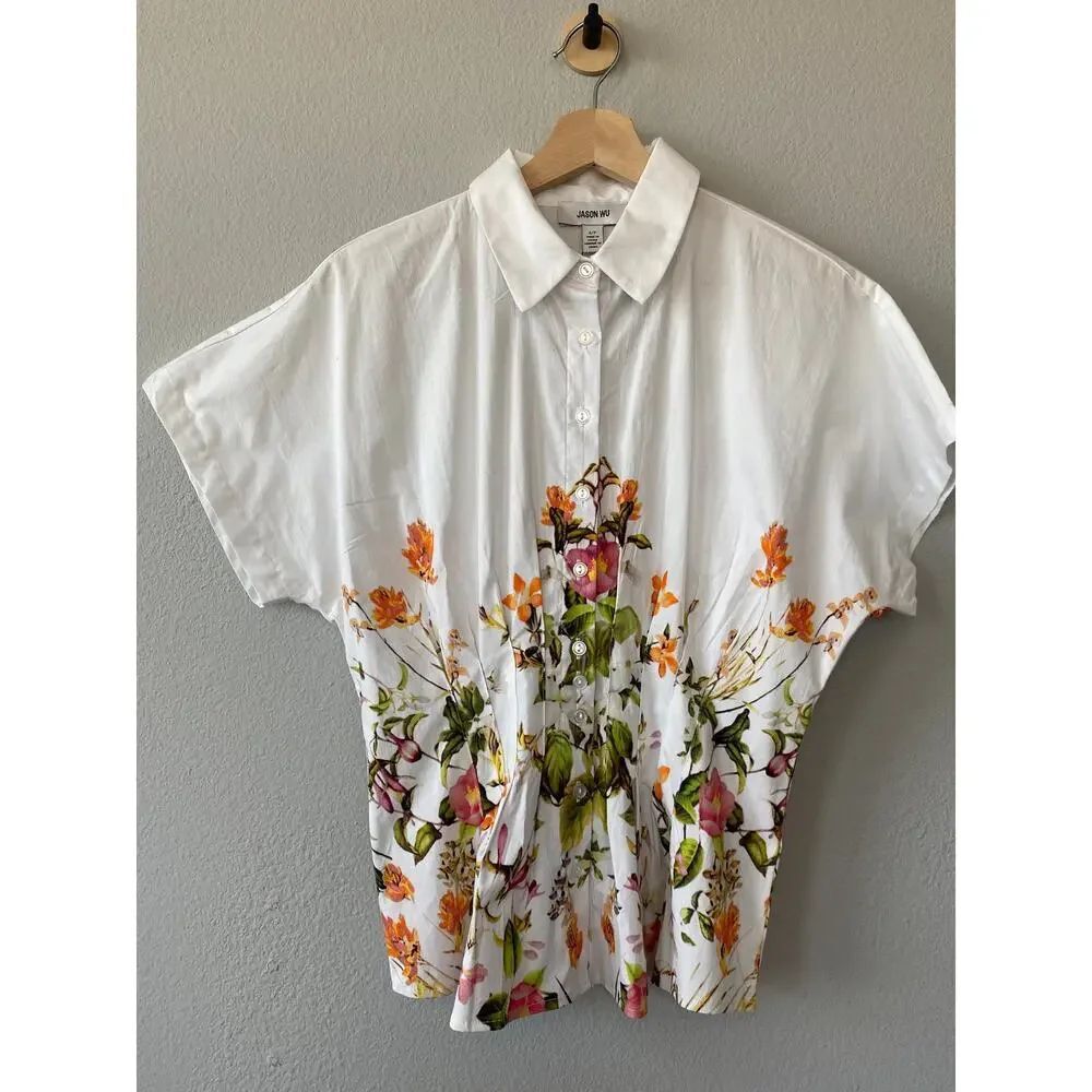 Jason Wu Floral Cotton Button Front Pleated Blouse Size S NWT Botanical Print